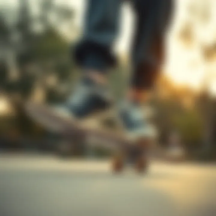 Skateboarder performing a trick with black sneakers in motion