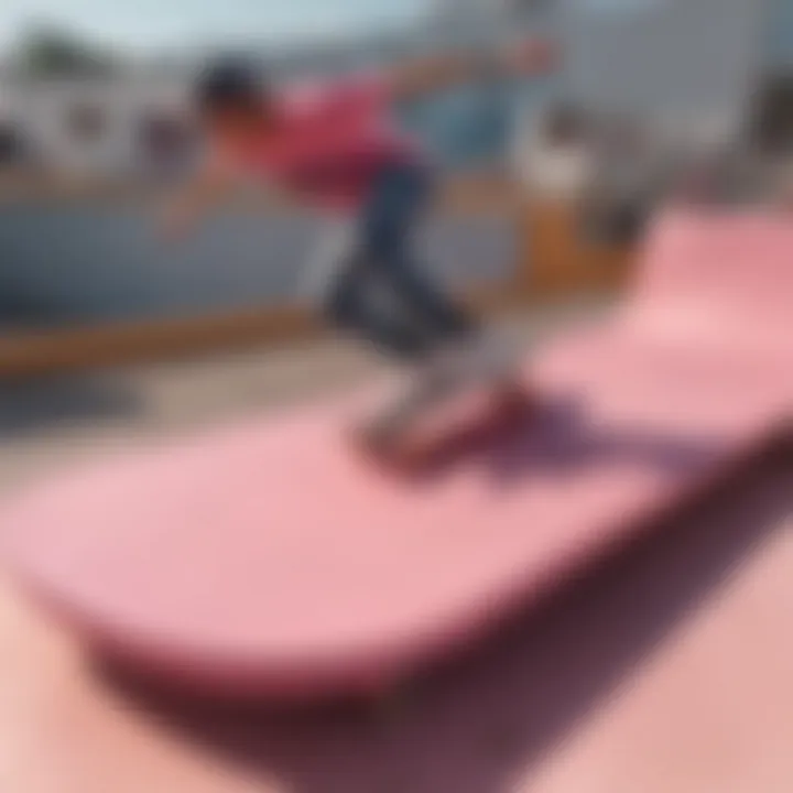 Skateboarder performing tricks on a pink deck