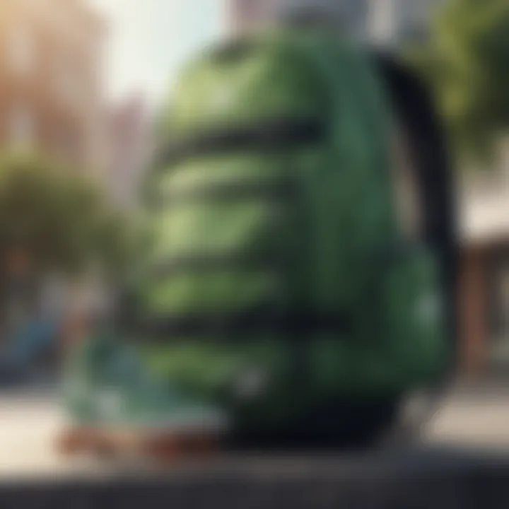 Green Nike backpack filled with skateboarding gear