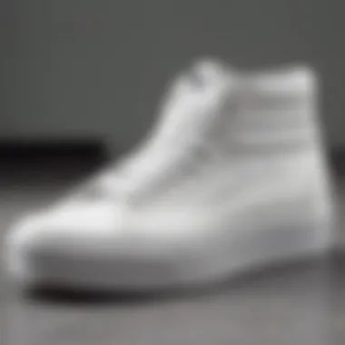 Close-up of white high top platform Vans showcasing their unique design features