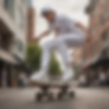 A skateboarder performing tricks while wearing white high top platform Vans