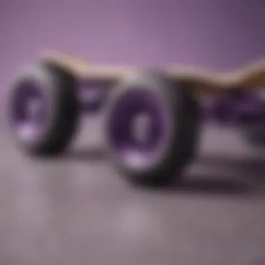 Close-up of skateboard wheels and deck in purple hue