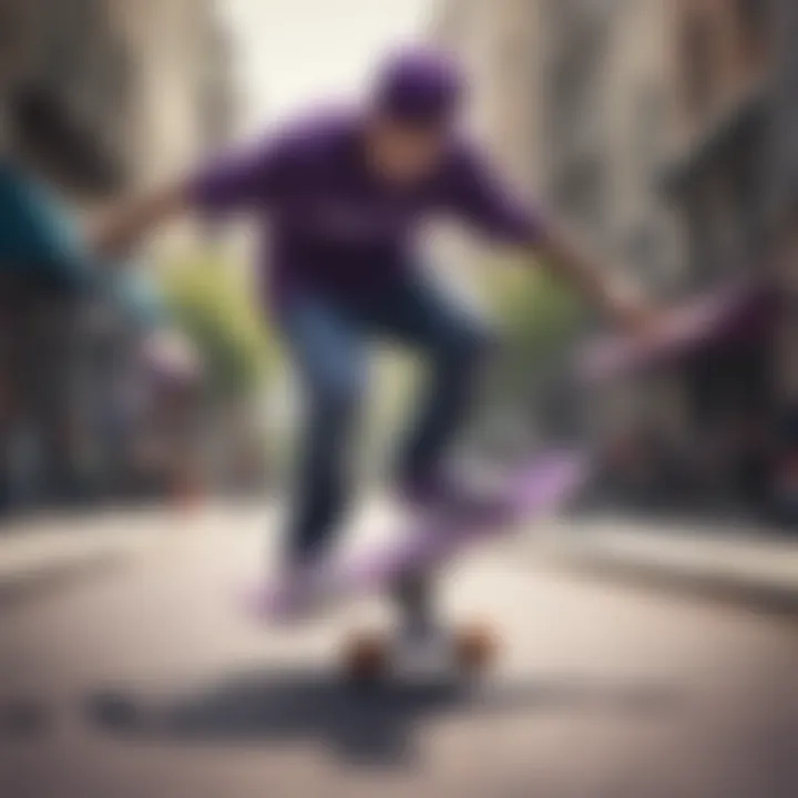 Skateboarder performing tricks with a purple board in an urban setting