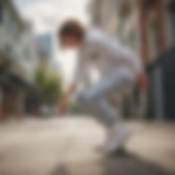 Youth skateboarder wearing white Converse high tops in urban setting