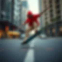 Dynamic skateboarder performing tricks on a city street