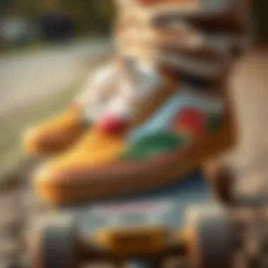 Close-up of mushroom-themed Vans shoes on a skateboard