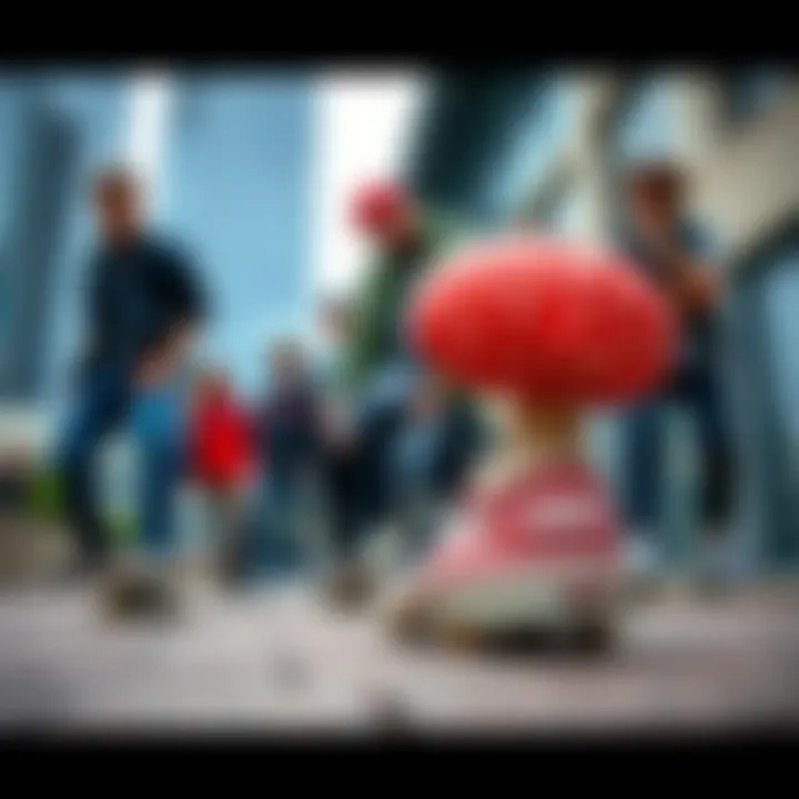 Group of skateboarders wearing mushroom Vans shoes in an urban setting