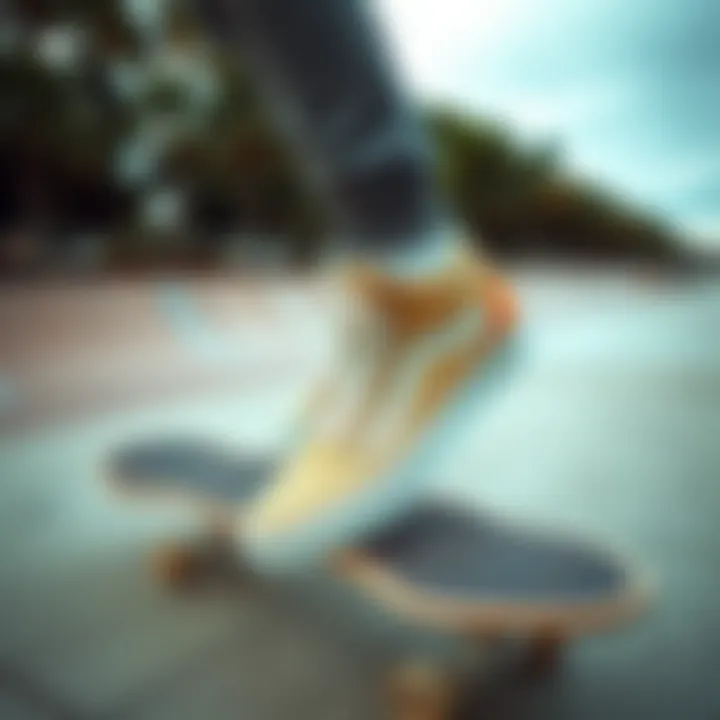 Skateboarder showcasing mushroom Vans shoes at a skate park