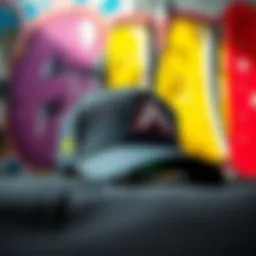 A streetwear baseball cap displayed against a graffiti backdrop