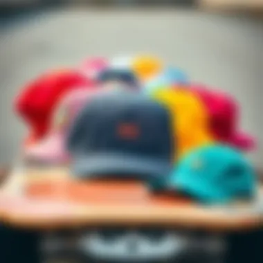 An array of colorful baseball caps on a skateboard deck