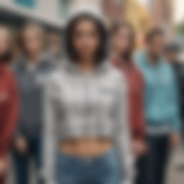 A group of skateboarders wearing crop top zip up hoodies, expressing personal style.