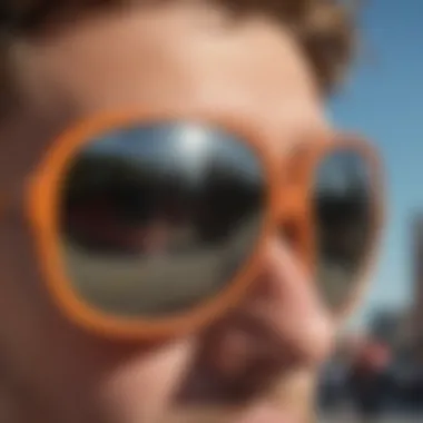 Close-up of sunglasses highlighting the performance features essential for skateboarders.