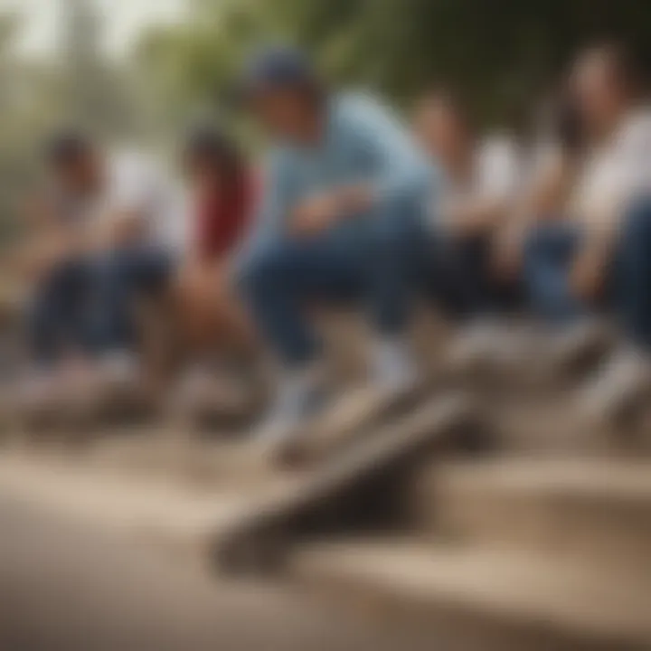 A diverse group of skateboarders wearing Vans and Earth Shoes, engaging in community activities.