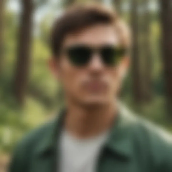 Stylish individual wearing matte green Ray-Ban Wayfarers outdoors