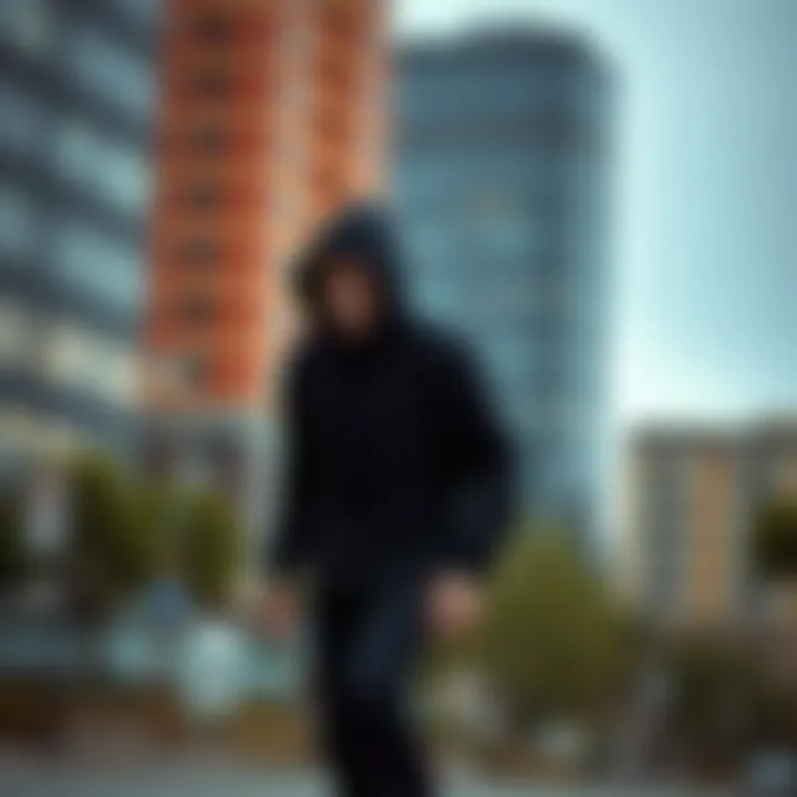 Skateboarder wearing a black hood sweater in an urban setting