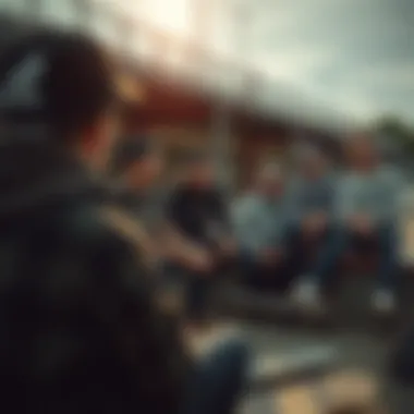 Group of riders discussing their experiences with Huf Hupper in a skatepark