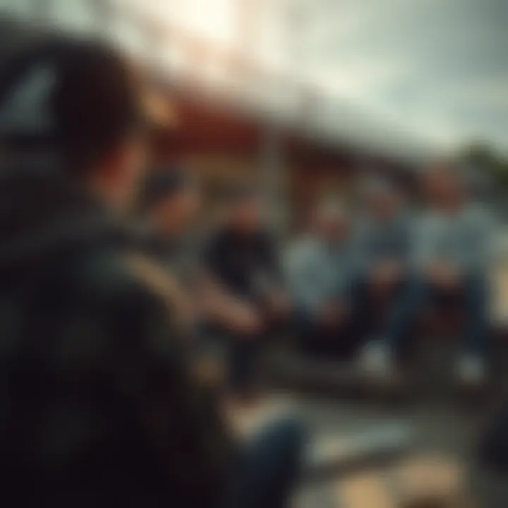 Group of riders discussing their experiences with Huf Hupper in a skatepark