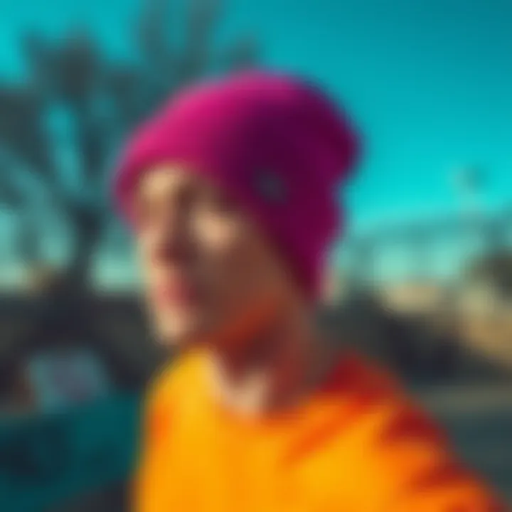 A stylish Neff Slouchy Beanie in a vibrant color against a skate park backdrop