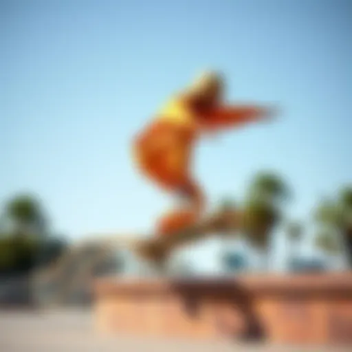 A skateboarder performing a trick in an orange Champion sweatsuit