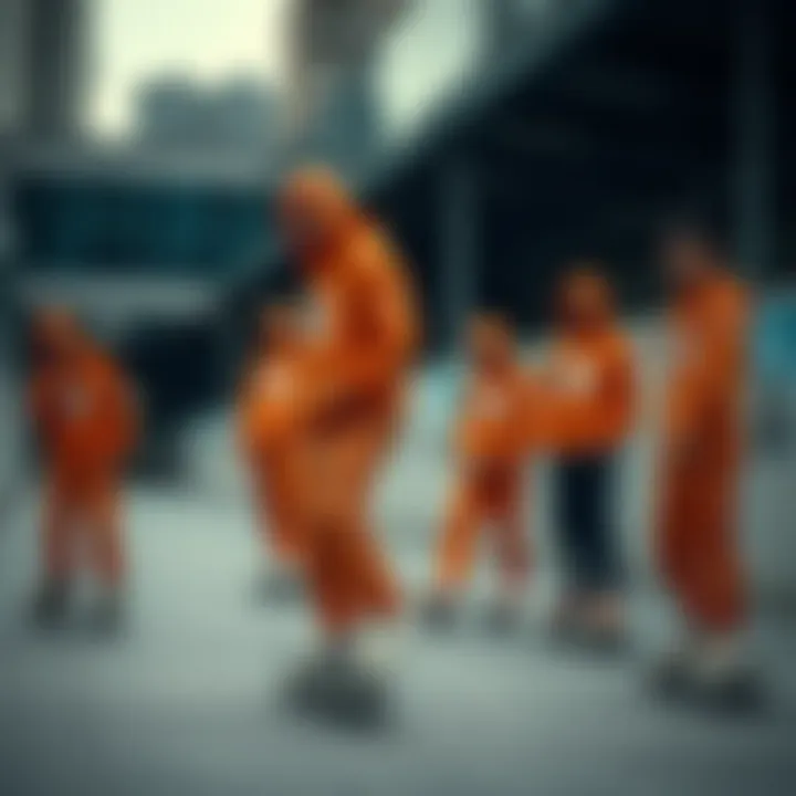 Group of skateboarders wearing the orange Champion sweatsuit in an urban setting