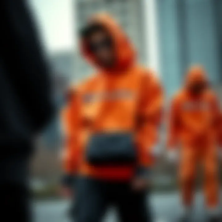 A stylish streetwear outfit featuring the orange Champion sweatsuit