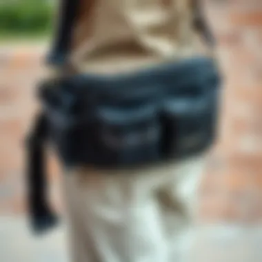 Functional Features Close-Up Close-up of the functional features of a black fanny pack, highlighting pockets and straps