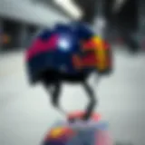 Close-up of the Red Bull skate helmet showcasing its sleek design and branding