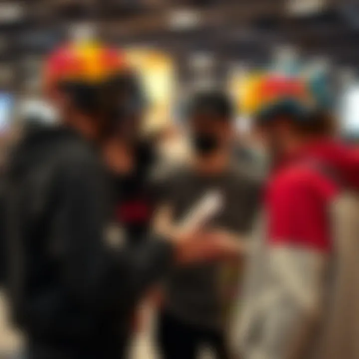 Group of skaters discussing the Red Bull helmet at a skate event