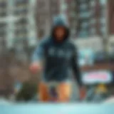 Rime Stone hoodie displayed in an urban skate park setting