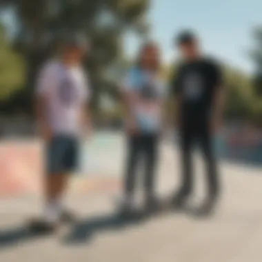 Skateboarders showcasing tie dye outfits at a park