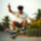 A skateboarder performing a trick wearing a white Champion t-shirt