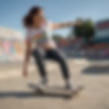 Skateboarder wearing a Vans Pride shirt in an urban skate park