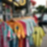 A vibrant collection of acid wash t-shirts showcased on a street corner