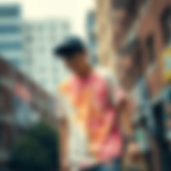 Skateboarder in Acid Wash T-Shirt Skateboarder showcasing an acid wash t-shirt in an urban setting