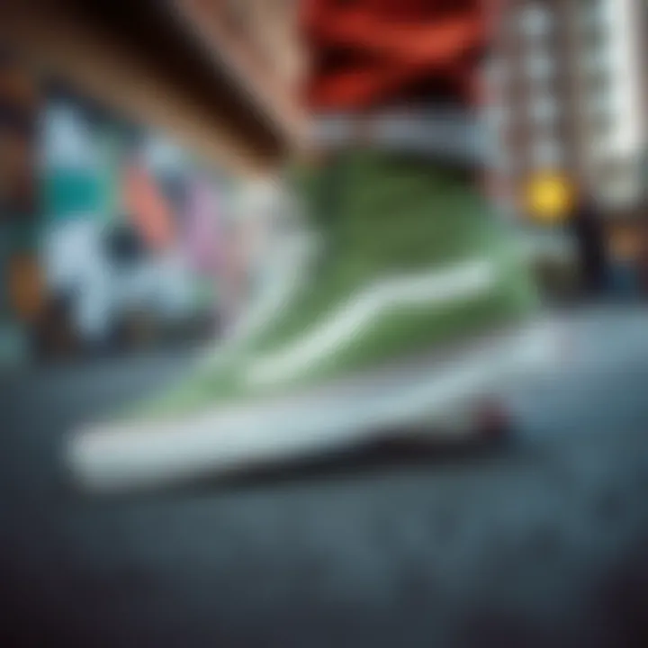 Vans Sk8 Hi Green Suede styled in an urban environment