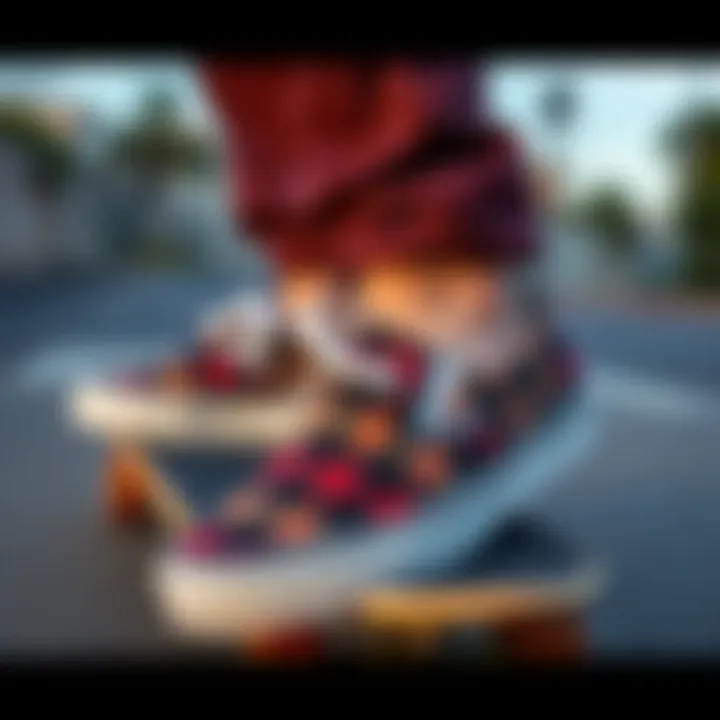 Vans Slip-Ons in Action on the Skateboard Skateboarder wearing plaid Vans slip-ons in action