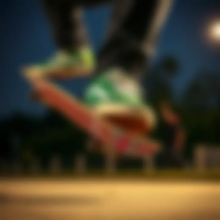 A dynamic skateboarding action shot featuring Vans Skate Hi Green