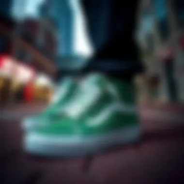 Vans Skate Hi Green in an urban setting, highlighting their stylish appeal