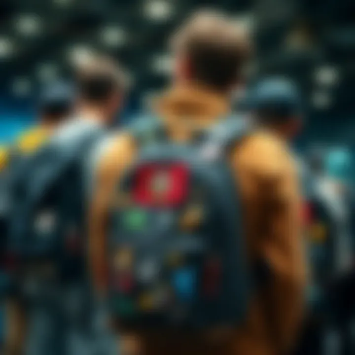 Personalized Backpack Showcase A group of friends showcasing their personalized backpacks with various pins and patches