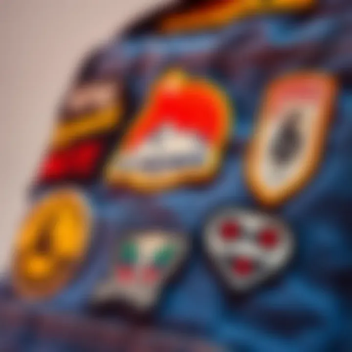 Unique Denim Patches Close-up view of unique patches sewn onto a classic denim backpack