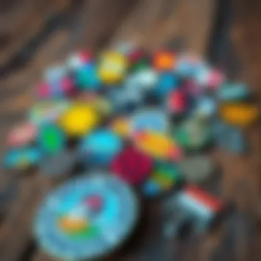 Vibrant Backpack Pin Collection A vibrant collection of colorful backpack pins on a rustic wooden surface