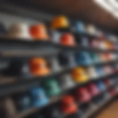 An array of bucket hats in various designs and colors displayed on a shop rack
