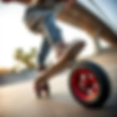 Skater Executing Tricks with Caguama Wheels Skater performing tricks on Orangatang Caguama wheels in an urban skatepark setting.