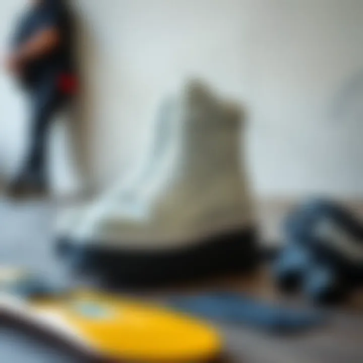 Trendy star platform boots displayed alongside essential skate gear