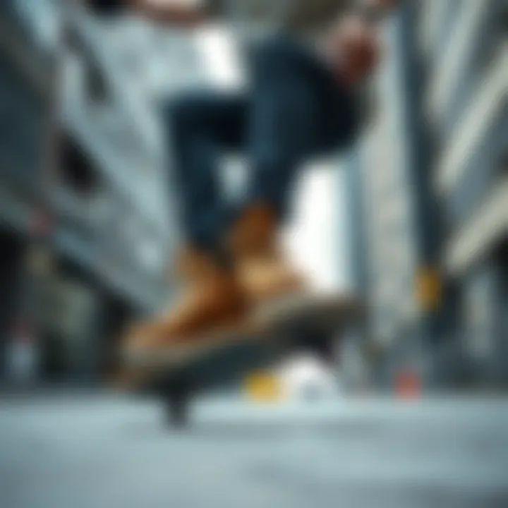 Skateboarder demonstrating the functionality of star platform boots in an urban environment