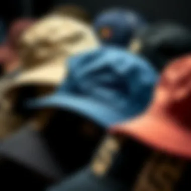 Close-up of various bucket hats showcasing different materials and designs