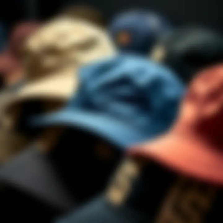 Close-up of various bucket hats showcasing different materials and designs
