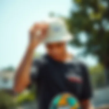 A skateboarder adjusting their bucket hat before a trick