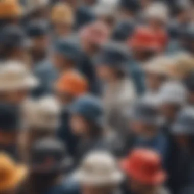 Community gathering of skateboarders wearing unique bucket hats