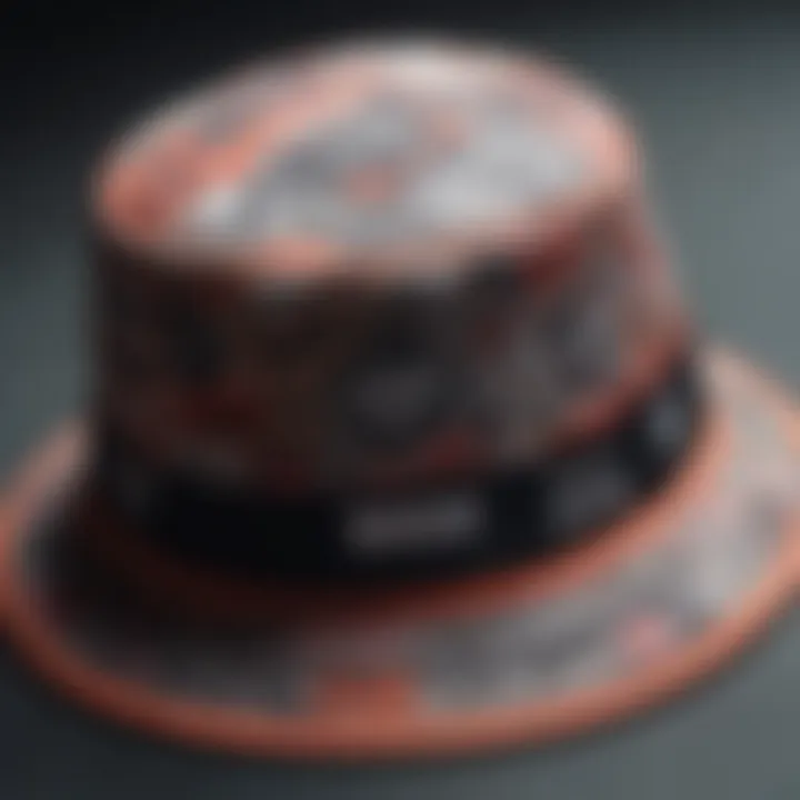 Close-up view of custom bucket hats adorned with graphics and patches.